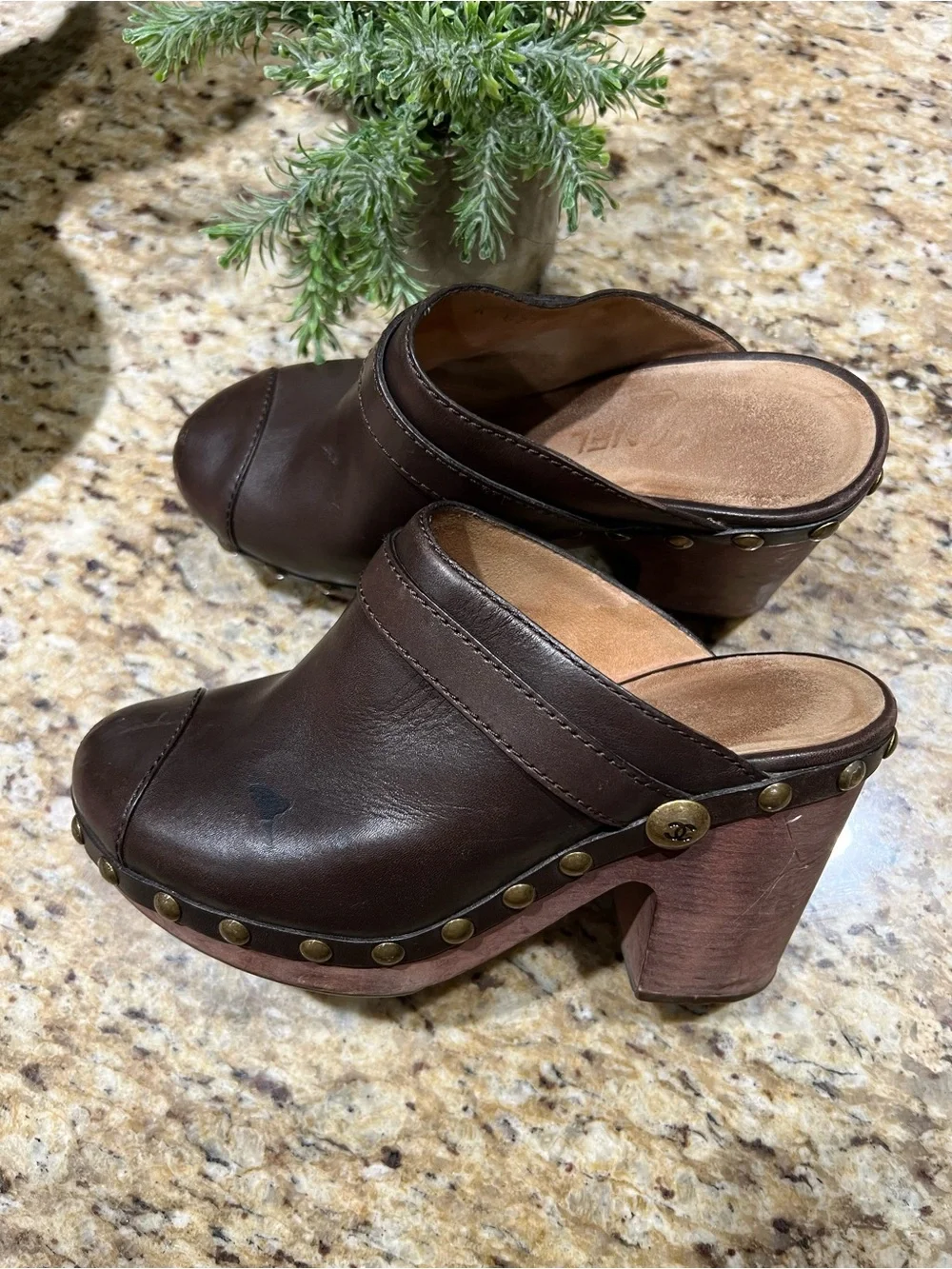 Chanel Brown Leather Interlocking CC Studded Platform Clog Mules 37.5